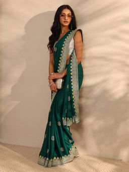 Libas - Green Floral Embroidered Border Saree with Unstitched Blouse