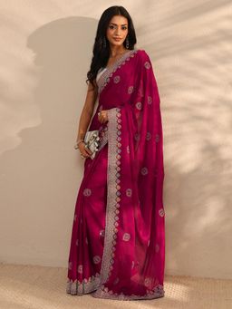 Libas - Pink Floral Embroidered Border Saree with Unstitched Blouse