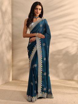 Libas - Teal Floral Embroidered Border Saree with Unstitched Blouse