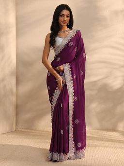 Libas - Burgundy Floral Embroidered Border Saree with Unstitched Blouse
