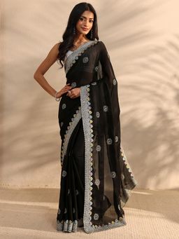 Libas - Black Floral Embroidered Border Saree with Unstitched Blouse