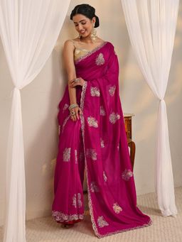 Libas - Pink Floral Embroidered Border Saree with Unstitched Blouse