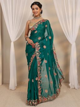 Libas - Green Ethnic Motif Embroidered Border Saree with Unstitched Blouse