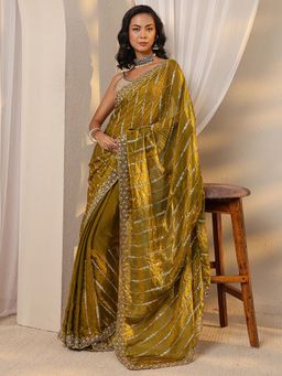 Libas - Olive Sequence Embellished Border Saree with Unstitched Blouse