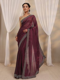 Libas - Maroon Beads Embellished Border Saree with Unstitched Blouse