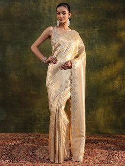 Libas - Gold Beads Embellished Border Saree with Unstitched Blouse