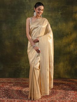 Libas - Gold Ethnic Motif Beads Embellished Border Saree with Unstitched Blouse