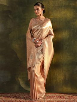 Libas - Gold Ethnic Motif Beads Embellished Border Saree with Unstitched Blouse