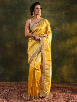Libas - Mustard Woven Design Gota Patti Tussar Border Saree with Unstitched Blouse