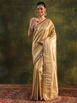 Libas - Gold Woven Design Gota Patti Tussar Border Saree with Unstitched Blouse