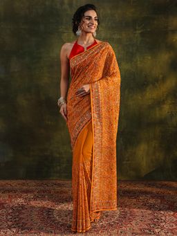 Libas Art - Yellow Floral Embroidered Saree with Unstitched Blouse