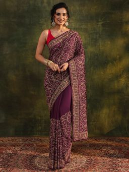 Libas Art - Purple Floral Embroidered Saree with Unstitched Blouse