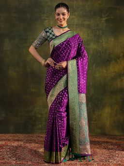 Libas - Purple Floral Woven Design Beads Embellished Border Saree with Unstitched Blouse
