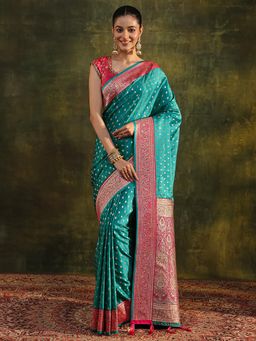 Libas - Green Floral Woven Design Beads Embellished Border Saree with Unstitched Blouse