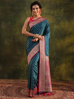 Libas - Teal Floral Woven Design Beads Embellished Border Saree with Unstitched Blouse