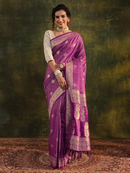 Libas - Purple Ethnic Motif Woven Design Border Saree with Unstitched Blouse