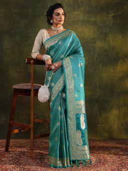 Libas - Blue Ethnic Motif Woven Design Border Saree with Unstitched Blouse