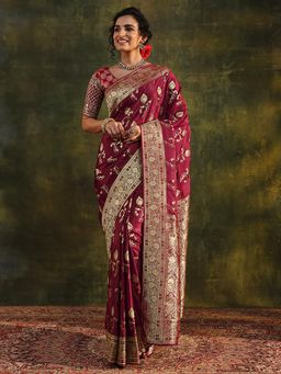 Libas Art - Maroon Floral Beads Woven Design Border Saree with Unstitched Blouse