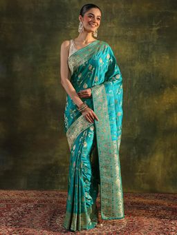 Libas Art - Blue Floral Beads Woven Design Border Saree with Unstitched Blouse
