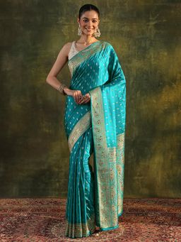 Libas Art - Blue Ethnic Motif Beads Woven Design Embellished Border Saree with Unstitched Blouse