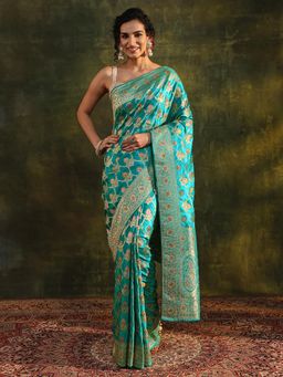 Libas Art - Blue Ethnic Motif Beads Woven Design Embellished Border Saree with Unstitched Blouse