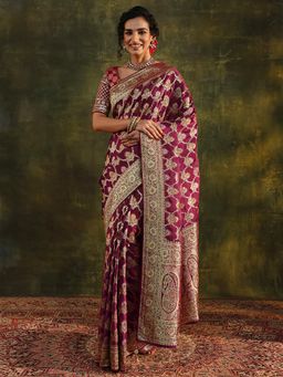 Libas Art - Maroon Ethnic Motif Beads Woven Design Embellished Border Saree with Unstitched Blouse