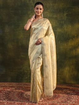 Libas - Gold Ethnic Motif Beads Embellished Border Saree with Unstitched Blouse