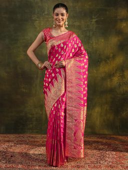 Libas Art - Pink Paisley Woven Design Border Saree with Unstitched Blouse