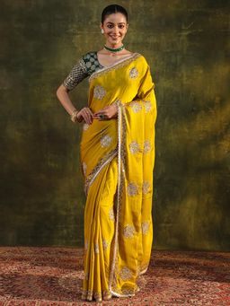 Libas - Mustard Ethnic Motif Beads Embellished Border Saree with Unstitched Blouse