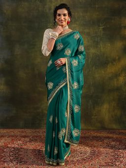 Libas - Green Ethnic Motif Beads Embellished Border Saree with Unstitched Blouse