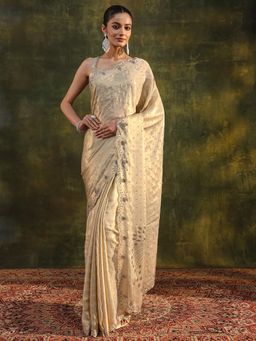 Libas Art - Cream Ethnic Motif Beads Embellished Border Saree with Unstitched Blouse