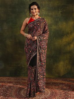 Libas Art - Black Floral Embroidered Border Saree with Unstitched Blouse