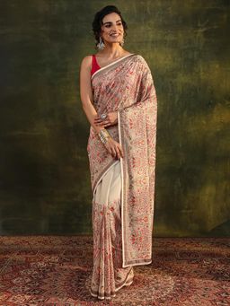 Libas Art - Off White Floral Embroidered Border Saree with Unstitched Blouse