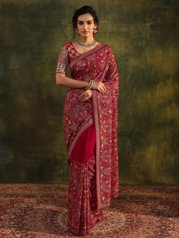 Libas Art - Pink Floral Embroidered Border Saree with Unstitched Blouse