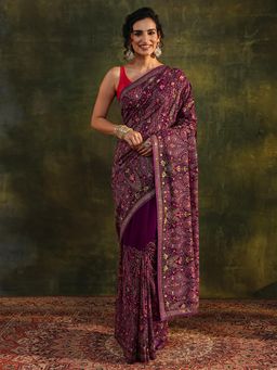 Libas Art - Purple Floral Embroidered Border Saree with Unstitched Blouse