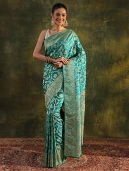 Libas Art - Green Floral Woven Design Beads Embellished Border Saree with Unstitched Blouse