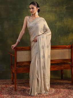 Libas Art - Beige Beads Embellished Border Saree with Unstitched Blouse