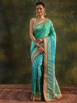 Libas Art - Blue Ethnic Motif Woven Design Gotta Patti Border Saree with Unstitched Blouse