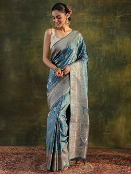 Libas - Blue Paisley Woven Design Border Saree with Unstitched Blouse