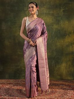Libas - Purple Paisley Woven Design Border Saree with Unstitched Blouse