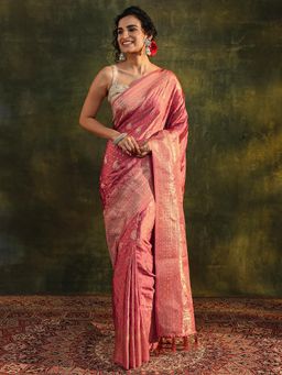 Libas - Peach Paisley Woven Design Border Saree with Unstitched Blouse