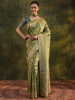 Libas - Green Floral Woven Design Border Saree with Unstitched Blouse