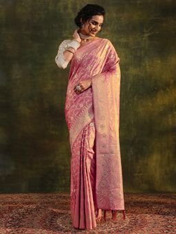 Libas - Peach Floral Woven Design Border Saree with Unstitched Blouse