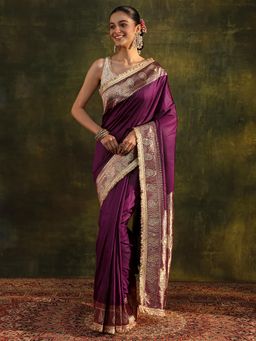 Libas - Purple Zari Woven Design Embellished Border Saree with Unstitched Blouse