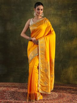 Libas - Yellow Zari Woven Design Embellished Border Saree with Unstitched Blouse