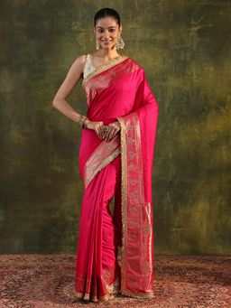 Libas - Pink Zari Woven Design Embellished Border Saree with Unstitched Blouse