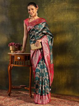 Libas - Teal Floral Woven Design Zari Border Saree with Unstitched Blouse