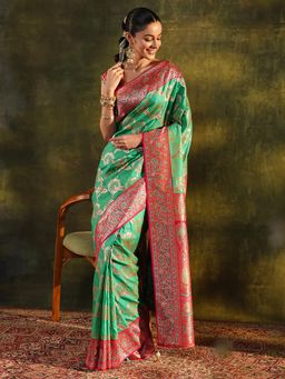 Libas - Green Floral Woven Design Zari Border Saree with Unstitched Blouse