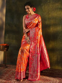 Libas - Orange Floral Woven Design Zari Border Saree with Unstitched Blouse