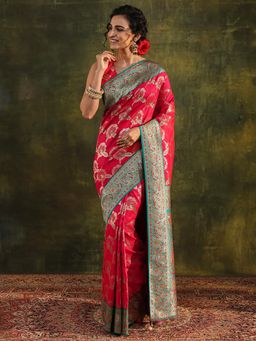 Libas - Pink Floral Woven Design Zari Border Saree with Unstitched Blouse